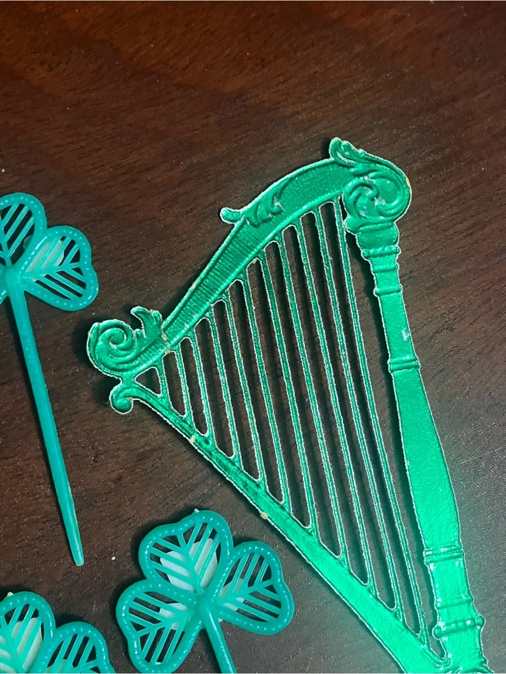 Lot of Vintage St. Patrick's Day Shamrock Cupcake Toppers & Paper Harp